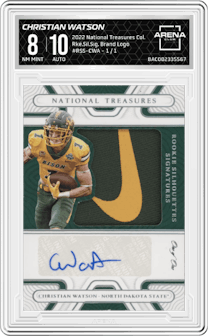 Christian Watson from the 2022 Panini National Treasures Collegiate set featuring a Brand Logo parallel graded by Arena Club and given an overall grade of 8.