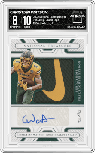 Christian Watson from the 2022 Panini National Treasures Collegiate set featuring a Brand Logo parallel graded by Arena Club and given an overall grade of 8.