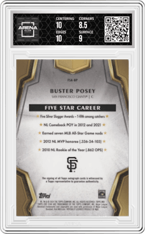 Buster Posey from the 2024 Topps Five Star set featuring a Gold parallel graded by Arena Club and given an overall grade of 9.