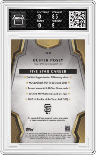 Buster Posey from the 2024 Topps Five Star set featuring a Gold parallel graded by Arena Club and given an overall grade of 9.