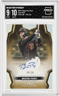 Buster Posey from the 2024 Topps Five Star set featuring a Gold parallel graded by Arena Club and given an overall grade of 9.