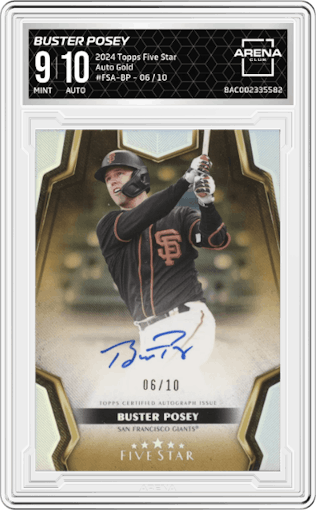 Buster Posey from the 2024 Topps Five Star set featuring a Gold parallel graded by Arena Club and given an overall grade of 9.