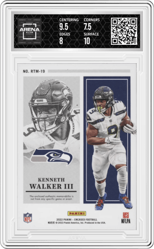  Kenneth Walker III from the 2022 Panini Encased set featuring a Diamond  parallel graded by Arena Club and given an overall grade of 8.