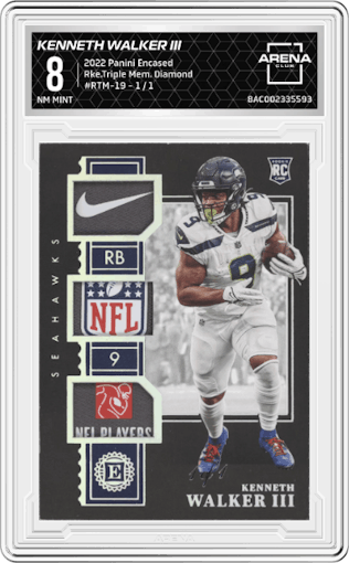  Kenneth Walker III from the 2022 Panini Encased set featuring a Diamond  parallel graded by Arena Club and given an overall grade of 8.