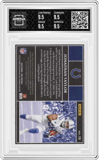 Jonathan Taylor from the 2020 Panini One set graded by Arena Club and given an overall grade of 9.5.