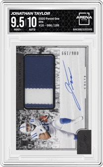 Jonathan Taylor from the 2020 Panini One set graded by Arena Club and given an overall grade of 9.5.