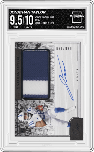 Jonathan Taylor from the 2020 Panini One set graded by Arena Club and given an overall grade of 9.5.