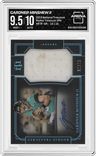 Gardner Minshew II from the 2019 Panini National Treasures set graded by Arena Club and given an overall grade of 9.5.