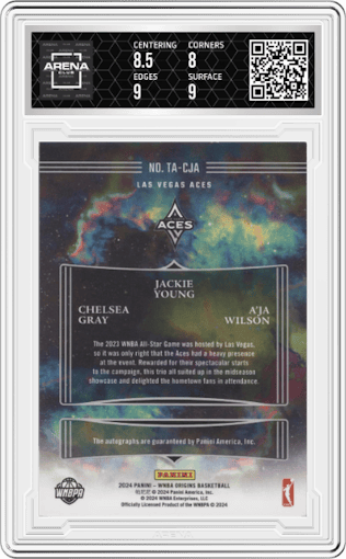 Chelsea Gray/Jackie Young/A’ja Wilson from the 2024 Panini Origins WNBA set graded by Arena Club and given an overall grade of 8.5.