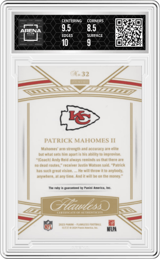 Patrick Mahomes II from the 2023 Panini Flawless set graded by Arena Club and given an overall grade of 9.