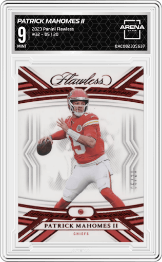 Patrick Mahomes II from the 2023 Panini Flawless set graded by Arena Club and given an overall grade of 9.