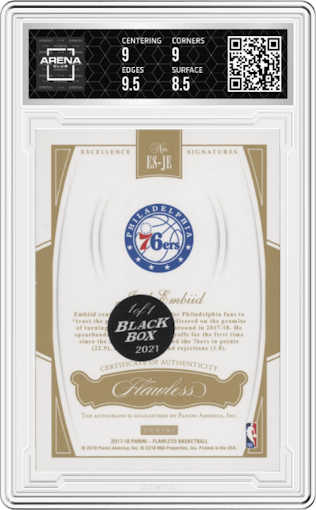 Joel Embiid from the 2017-18 Panini Flawless set featuring a Black Box 2021 parallel graded by Arena Club and given an overall grade of 9.
