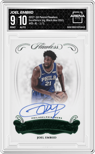Joel Embiid from the 2017-18 Panini Flawless set featuring a Black Box 2021 parallel graded by Arena Club and given an overall grade of 9.