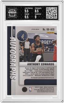 Anthony Edwards from the 2020-21 Panini Mosaic set featuring a Choice Red & Yellow Fusion parallel graded by Arena Club and given an overall grade of 9.