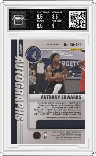 Anthony Edwards from the 2020-21 Panini Mosaic set featuring a Choice Red & Yellow Fusion parallel graded by Arena Club and given an overall grade of 9.