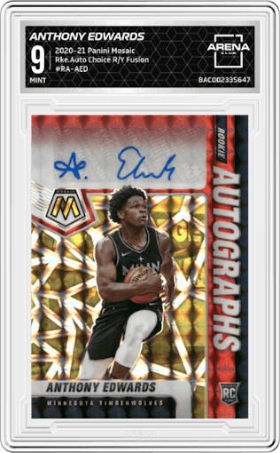 Anthony Edwards from the 2020-21 Panini Mosaic set featuring a Choice Red & Yellow Fusion parallel graded by Arena Club and given an overall grade of 9.