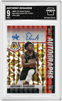 Anthony Edwards from the 2020-21 Panini Mosaic set featuring a Choice Red & Yellow Fusion parallel graded by Arena Club and given an overall grade of 9.