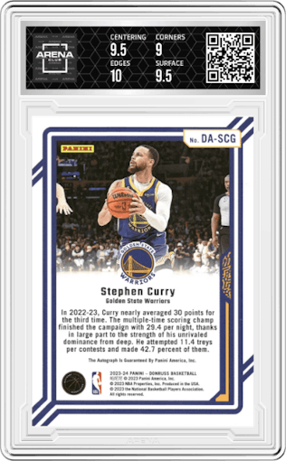 Stephen Curry from the 2023-24 Panini Donruss set featuring a Gold parallel graded by Arena Club and given an overall grade of 9.5.