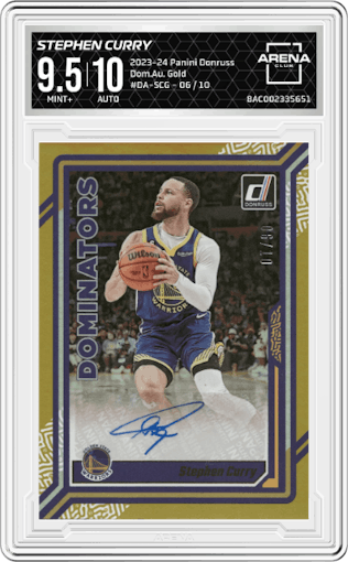Stephen Curry from the 2023-24 Panini Donruss set featuring a Gold parallel graded by Arena Club and given an overall grade of 9.5.