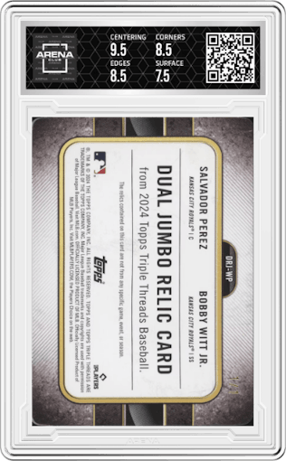 Bobby Witt Jr./Salvador Perez from the 2024 Topps Triple Threads set featuring a Printing Plate Cyan parallel graded by Arena Club and given an overall grade of 8.