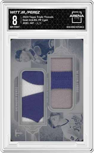 Bobby Witt Jr./Salvador Perez from the 2024 Topps Triple Threads set featuring a Printing Plate Cyan parallel graded by Arena Club and given an overall grade of 8.