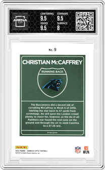 Christian McCaffrey from the 2023 Donruss Optic set graded by Arena Club and given an overall grade of 8.5.