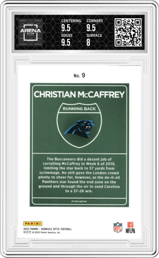 Christian McCaffrey from the 2023 Donruss Optic set graded by Arena Club and given an overall grade of 8.5.