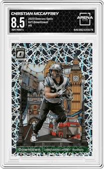 Christian McCaffrey from the 2023 Donruss Optic set graded by Arena Club and given an overall grade of 8.5.