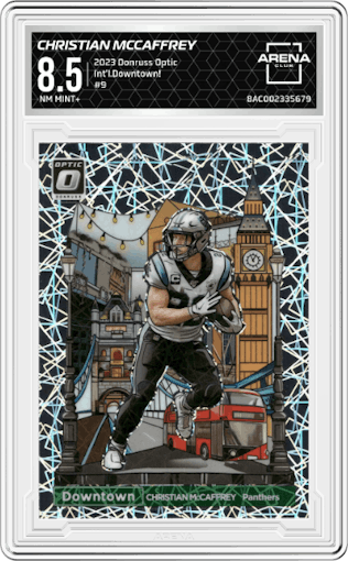Christian McCaffrey from the 2023 Donruss Optic set graded by Arena Club and given an overall grade of 8.5.