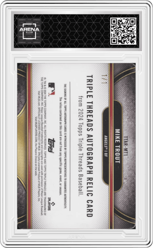 Mike Trout from the 2024 Topps Triple Threads set featuring a Printing Plate Yellow parallel graded by Arena Club.