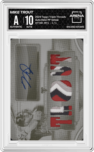 Mike Trout from the 2024 Topps Triple Threads set featuring a Printing Plate Yellow parallel graded by Arena Club.