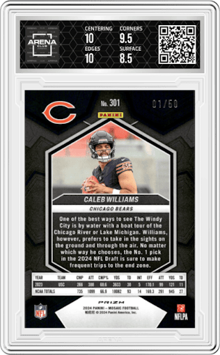 Caleb Williams from the 2024 Panini Mosaic set featuring a No Huddle Purple parallel graded by Arena Club and given an overall grade of 9.
