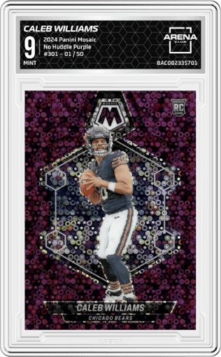 Caleb Williams from the 2024 Panini Mosaic set featuring a No Huddle Purple parallel graded by Arena Club and given an overall grade of 9.