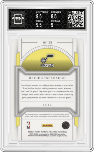 Brice Sensabaugh from the 2023-24 Panini National Treasures set graded by Arena Club and given an overall grade of 9.