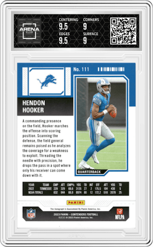 Hendon Hooker from the 2023 Panini Contenders set featuring a Cracked Ice parallel graded by Arena Club and given an overall grade of 9.5.