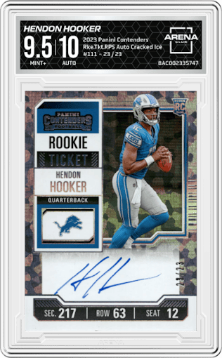 Hendon Hooker from the 2023 Panini Contenders set featuring a Cracked Ice parallel graded by Arena Club and given an overall grade of 9.5.