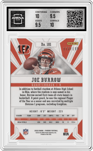 Joe Burrow from the 2020 Panini Phoenix set featuring a Pink parallel graded by Arena Club and given an overall grade of 10.
