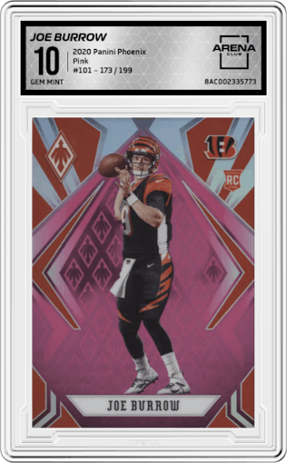 Joe Burrow from the 2020 Panini Phoenix set featuring a Pink parallel graded by Arena Club and given an overall grade of 10.