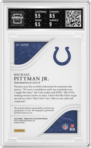 Michael Pittman Jr. from the 2020 Panini Immaculate Collection set featuring a Gold parallel graded by Arena Club and given an overall grade of 9.