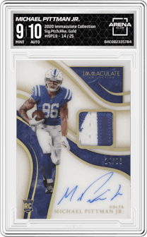Michael Pittman Jr. from the 2020 Panini Immaculate Collection set featuring a Gold parallel graded by Arena Club and given an overall grade of 9.