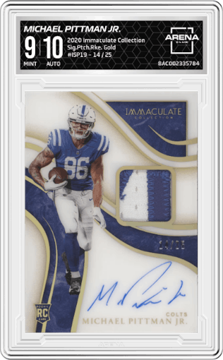 Michael Pittman Jr. from the 2020 Panini Immaculate Collection set featuring a Gold parallel graded by Arena Club and given an overall grade of 9.