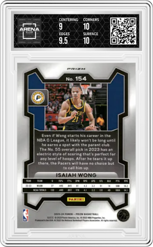 Isaiah Wong from the 2023-24 Panini Prizm set featuring a Choice Tiger Stripe  parallel graded by Arena Club and given an overall grade of 9.5.