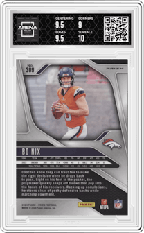 Bo Nix from the 2024 Panini Prizm set featuring a Pink Prizms parallel graded by Arena Club and given an overall grade of 9.5.