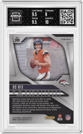 Bo Nix from the 2024 Panini Prizm set featuring a Pink Prizms parallel graded by Arena Club and given an overall grade of 9.5.