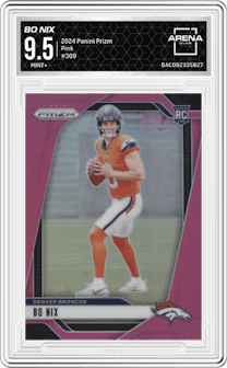 Bo Nix from the 2024 Panini Prizm set featuring a Pink Prizms parallel graded by Arena Club and given an overall grade of 9.5.