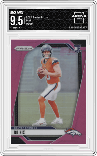 Bo Nix from the 2024 Panini Prizm set featuring a Pink Prizms parallel graded by Arena Club and given an overall grade of 9.5.