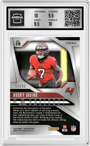 Bucky Irving from the 2024 Panini Prizm set featuring a No Huddle Blue Prizm parallel graded by Arena Club and given an overall grade of 10.