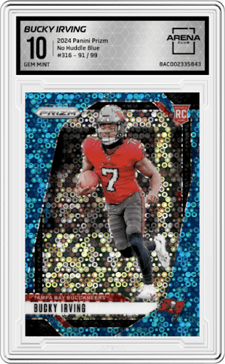 Bucky Irving from the 2024 Panini Prizm set featuring a No Huddle Blue Prizm parallel graded by Arena Club and given an overall grade of 10.