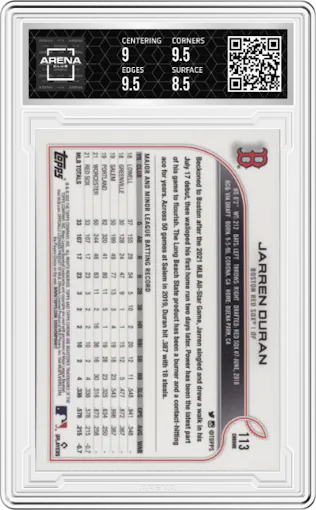 Jarren Duran from the 2022 Topps Chrome set graded by Arena Club and given an overall grade of 9.