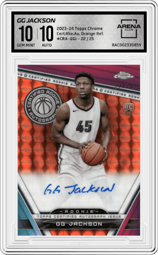 GG Jackson from the 2023-24 Topps Chrome set featuring a Orange Refractors parallel graded by Arena Club and given an overall grade of 10.